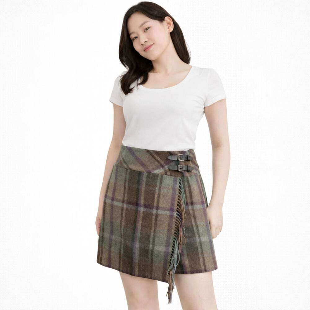 Plaid Wool Blend Skirt Ralph Lauren Black Label Faux Wrap Fringe 14